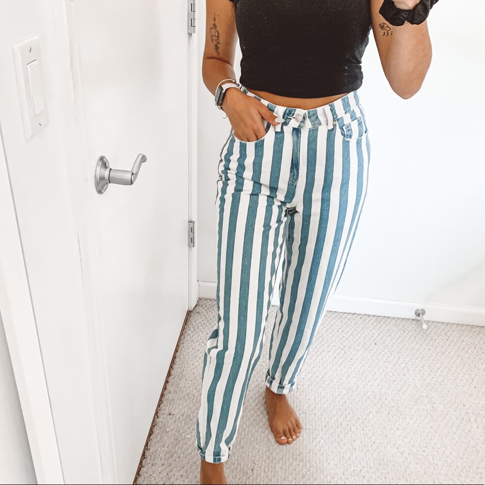 High Rise Striped Blue Mom Jeans